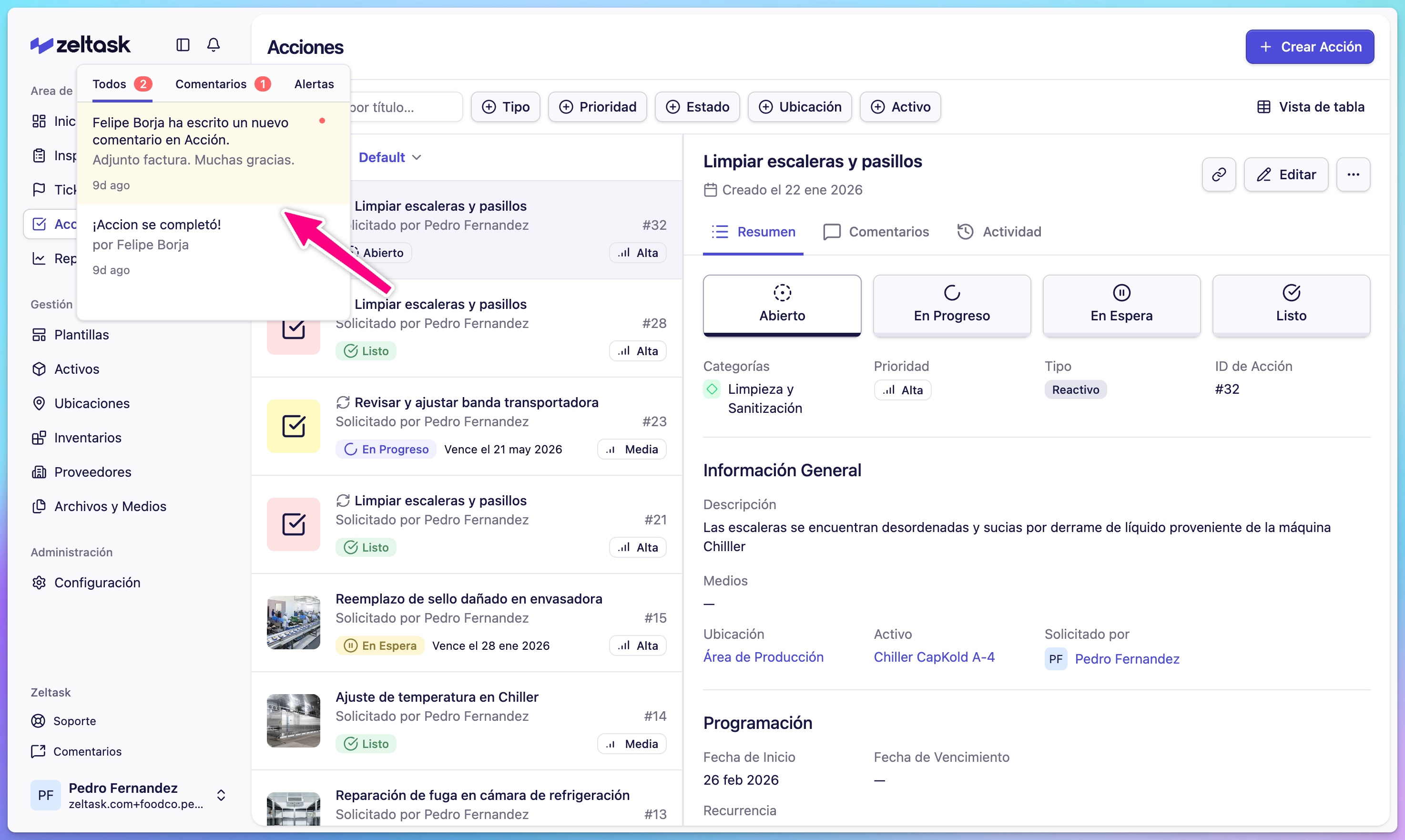Notifications panel showing recent alerts and assignments